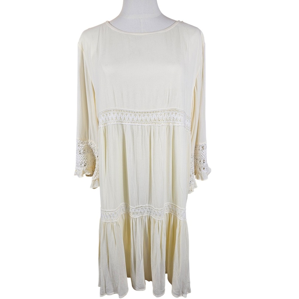 Anna-Kaci California Butter-Cream Crochet Lace Tiered Boho Shift Dress Large